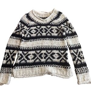 Free People Sweater Size Small Women's Pullover Cream Black Pattern Knit Cozy
